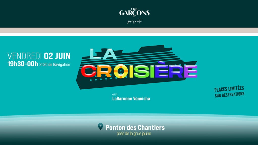 Club Garçons débarque dans une Édition Croisière sur l'eau le Vendredi 02 Juin 2023 Le bateau Le Papillon Bleu 🦋 reçoit Club Garçons pour une traversée ambiance house & Pop Queer Un moment unique pour chiller sur la Loire que vous n'êtes pas prêt d'oublier ☀️ Déroulé de la croisière 🚢 LOIRE PRIDE 🏳️‍🌈 Embarquement : 19:30 (Pontons des Chantiers près de la Grue Jaune - 44200 Nantes 🏗️) Départ du bateau : 20:00 ! -20:00 ->-> 23h30 Traversée sur la Loire - DJ SUNSET 🌅 🎧 - BAR & FOOD (sur place) - Vins & Planches En compagnie de LaBaronne Vonnisha -23h30 ->-> 00h00 Amarrage et débarquement des passagers RÉSERVATION : Prix du billet : 31,50€ (dont 1,50€ service de billetterie en ligne) Ce tarif inclu : les charges fixes du bateau, les coûts de traversée, l'équipage et prestataires de la traversée. LIEN DE RÉSERVATION : https://shotgun.live/.../la-croisiere-by-club-garcons... ⚠️ Pas de vente de billet sur place, le nombre de place est très limité et uniquement sur réservation. 🚢 PAPILLON BLEU PONT DES CHANTIERS (Près de la Grue Jaune 🏗️) 44200 Nantes Pour + de renseignements nous restons joignables par sms au 0689206189 www.clubgarcons.fr xoxo 💋